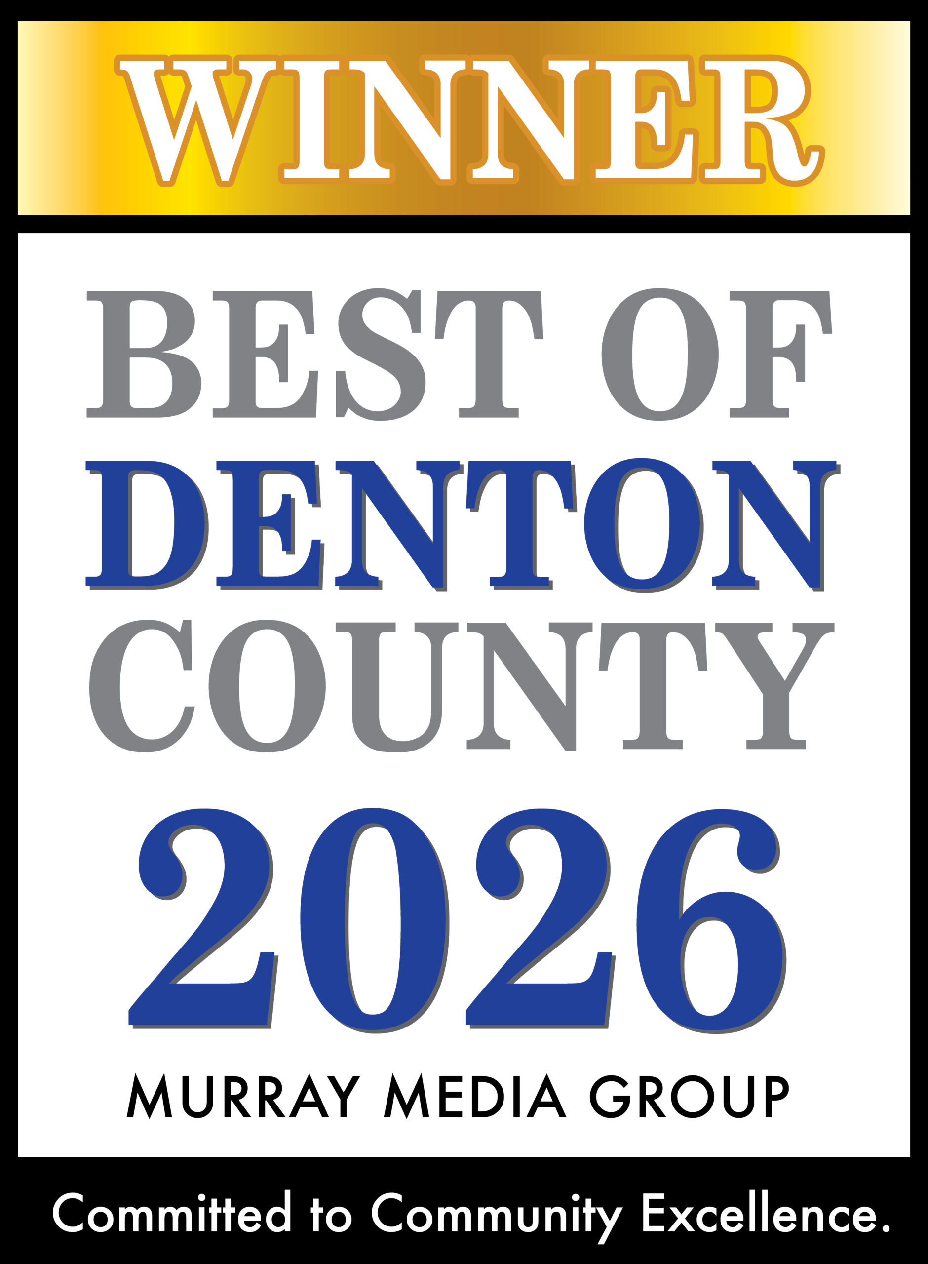Best of Denton County 2026 award graphic with gold banner and Murray Media Group branding